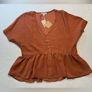 NWT blu pepper sheer lightweight peplum v neck blouse faux buttons boho